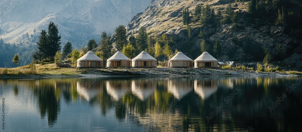 Fototapeta premium Yurts on the shore of a serene lake surrounded by majestic mountains reflecting in the water during a tranquil sunrise.