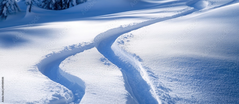 Forest edge with snowmobile tracks winding through untouched snowy landscape under clear blue sky showcasing winter adventure and tranquility. Forest edge with snowmobile tracks winding through untouched snowy landscape under clear blue sky showcasing winter adventure and tranquility.