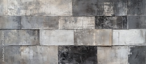 Grungy unplastered block brick wall displaying industrial texture and depth in various shades of gray and black for design inspiration photo