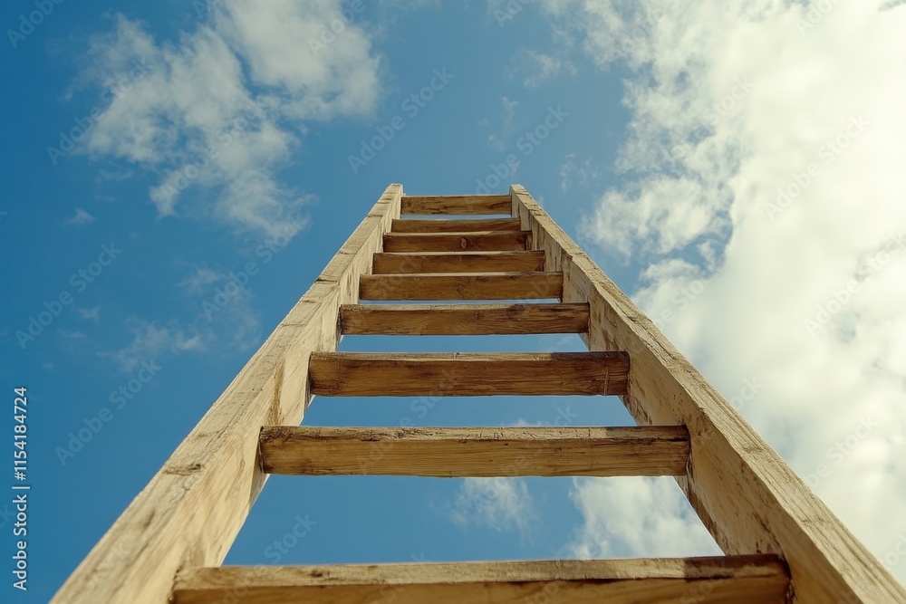 Fototapeta premium Wooden Ladder Reaching Upward Toward Blue Sky and White Clouds