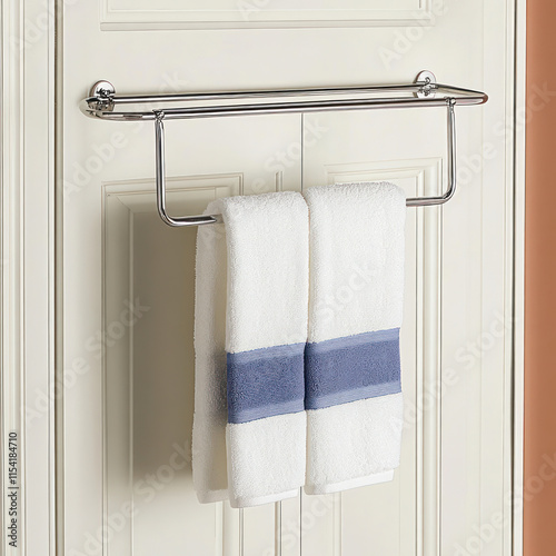 Over door towel rack with two white towels featuring blue stripes, ideal for bathroom organization and space saving solutions. Perfect for modern and stylish interiors