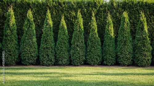 Cedar hedge trees in a landscaped yard with lush green grass providing a serene outdoor environment for relaxation and privacy. photo