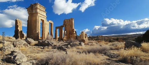 Ancient temple ruins under a vast blue sky showcasing historical architecture and natural beauty in a scenic landscape.