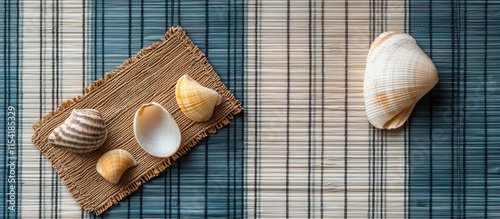 Summer beach essentials featuring sea shells on a woven mat evoking vacation vibes and coastal relaxation imagery. #1154185329