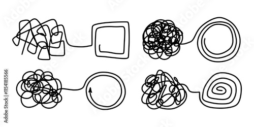 Untangling lines set. Abstract tangled disorder line turns into spiral order line. Unraveling line, single thread. Chaos and order business concept vector illustration isolated on white background.