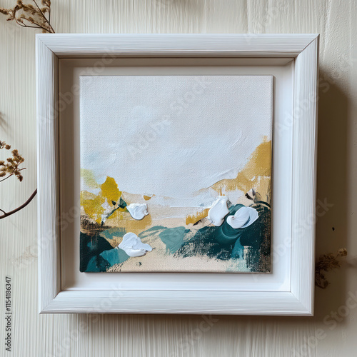 small framed artwork featuring abstract floral elements in soft colors. piece combines white, yellow, and teal hues, creating serene and calming atmosphere