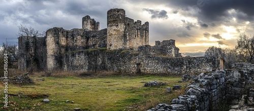 Medieval fortress ruins surrounded by nature under a dramatic sky showcasing historical architecture and scenic landscape