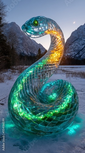 Vertical ice snake sculpture illuminated with colors near mountains symbolizing the year 2025 photo