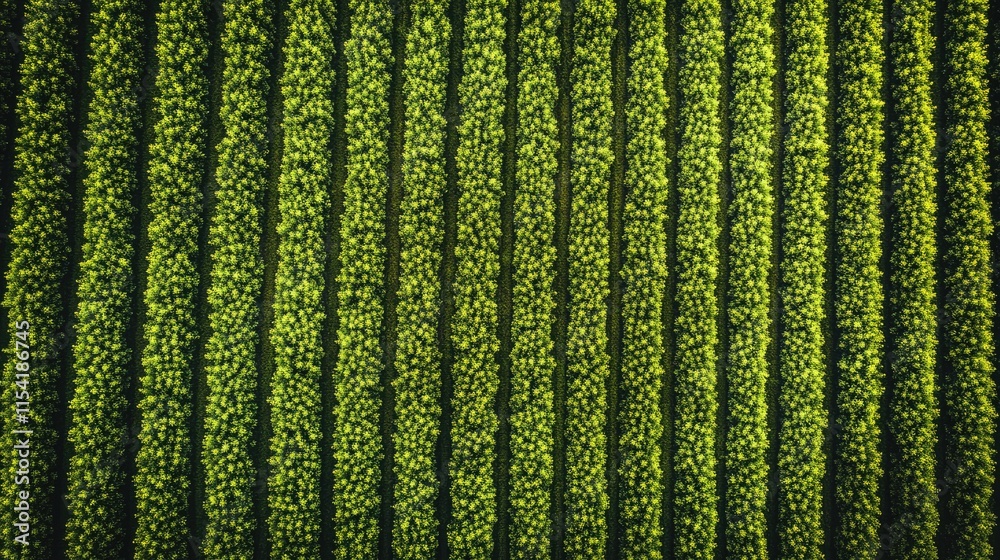 Aerial view of lush green crops in organized rows displaying agricultural productivity and healthy growth in farmland. Aerial view of lush green crops in organized rows displaying agricultural productivity and healthy growth in farmland.