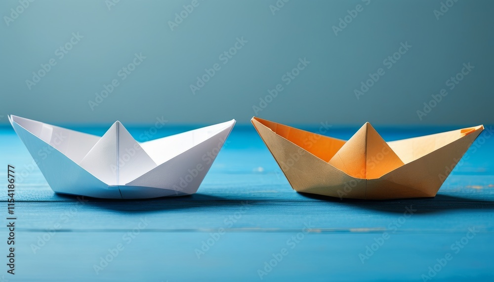 Elegant Paper Boats on a Blue Surface for Business Competition and Partnership Representation Elegant Paper Boats on a Blue Surface for Business Competition and Partnership Representation