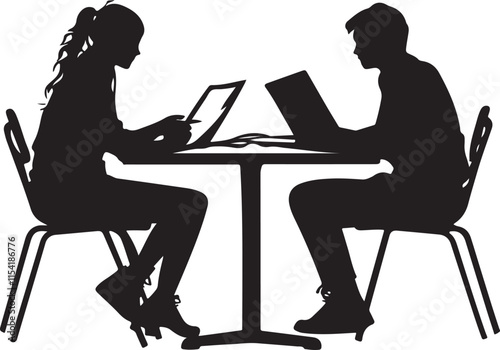 Students Working At Table Silhouette Vector Illustration Graphic