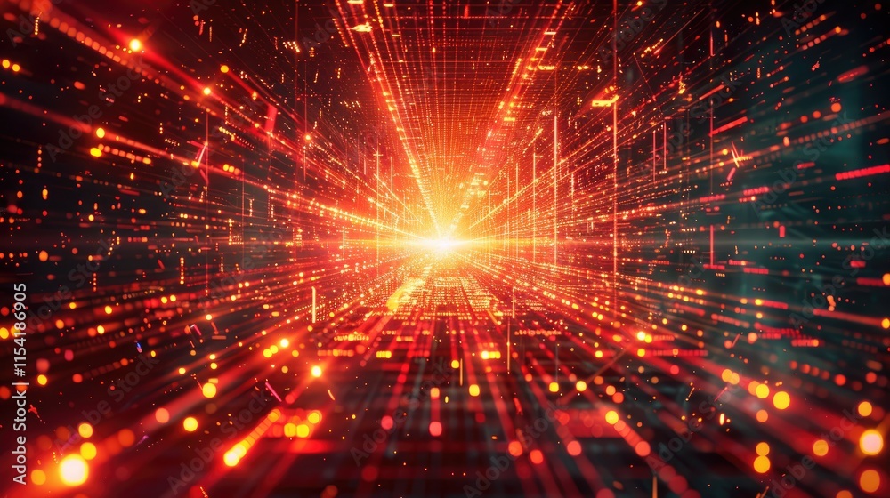 Fototapeta premium A vibrant, abstract representation of data streams converging toward a bright light.