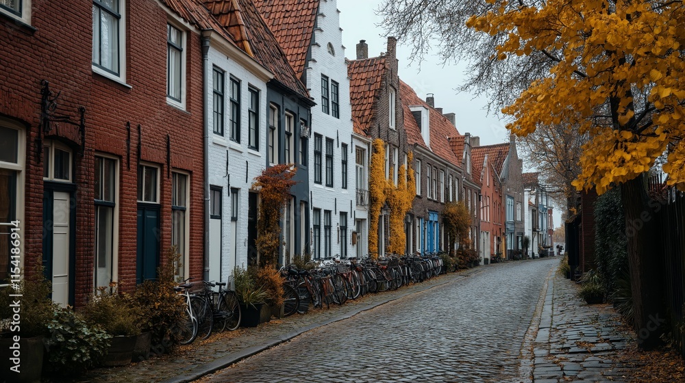Fototapeta premium A quiet cobblestone street lined with colorful houses and bicycles, adorned with autumn foliage