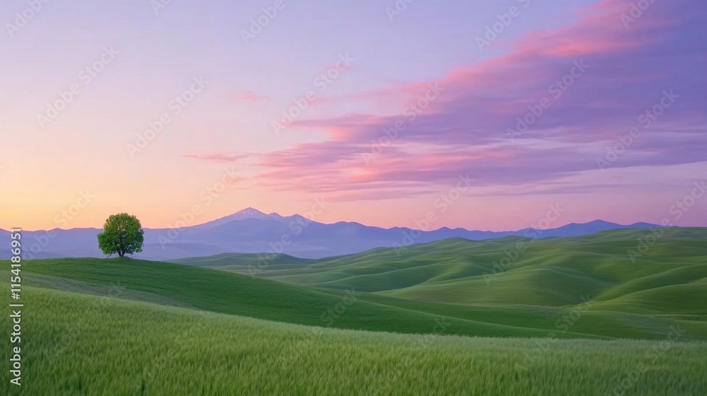 Fototapeta premium Serene Landscape with Rolling Hills and Single Tree at Sunset