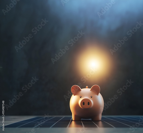 piggybank sitting on the photovoltaic panel as a oney saving symbol; navy blue background with light circle abouve piggy head as it was a geat idea to use green energy; copy space photo