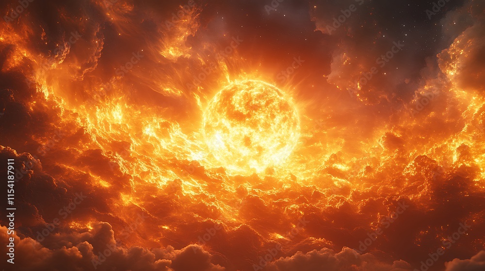 The sun surrounded by flames glowing in cosmic brilliance image The sun surrounded by flames glowing in cosmic brilliance image