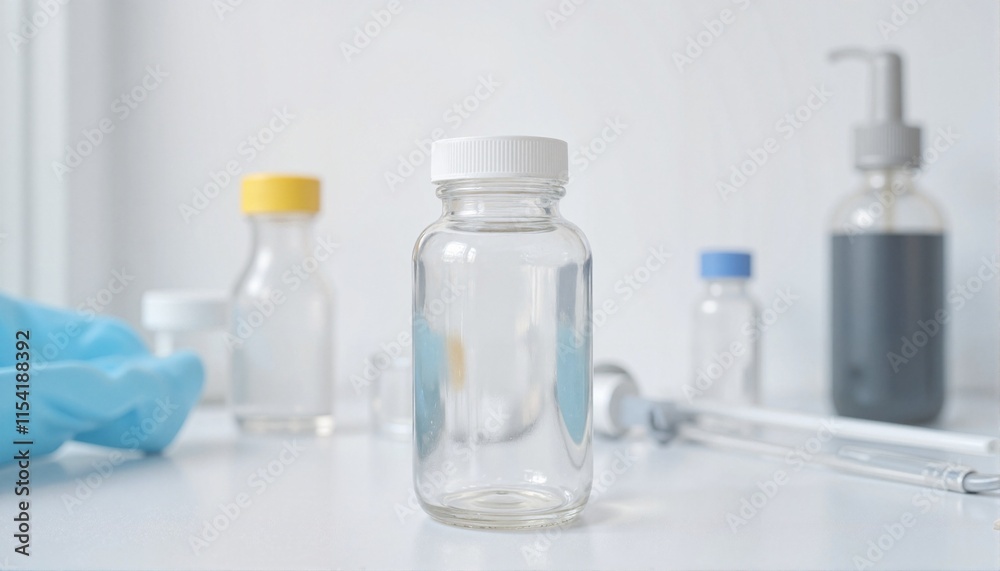 Clear glass bottle mockup on laboratory table with medical equipment in background Clear glass bottle mockup on laboratory table with medical equipment in background