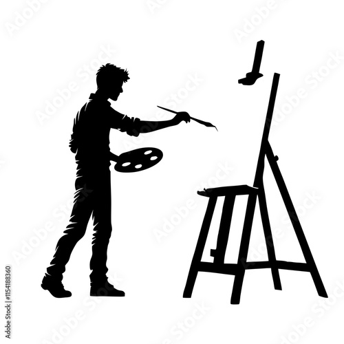 Artist silhouette painting on easel with focused expression in creative workspace