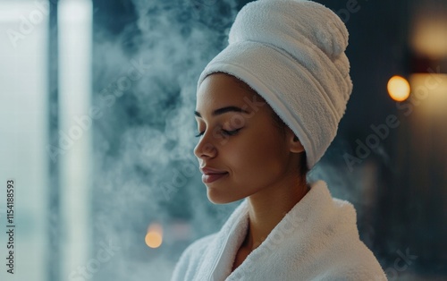 A young woman relaxing in a sauna, wrapped in a white towel, with soft steam surrounding her serene face