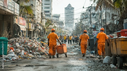 Sanitation workers in orange uniforms collect waste in a cluttered urban street filled with garbage and trash bins