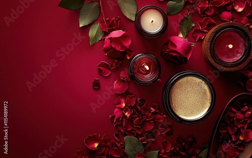Deep red background highlighting luxury spa items like gold-infused creams, rose petals, and scented candles for valentines day