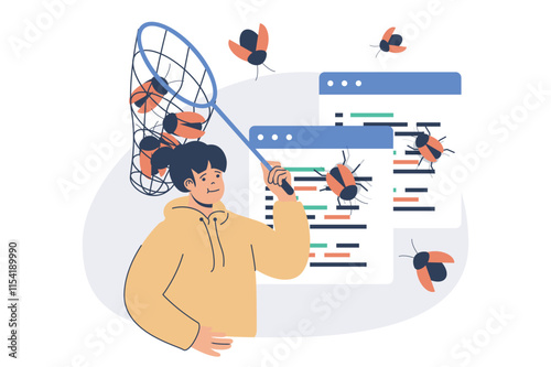Software testing web concept with flat cartoon people for website design. Woman with catch net looking program bugs, finding errors in program, debugging code, fixing mistakes. Vector illustration.