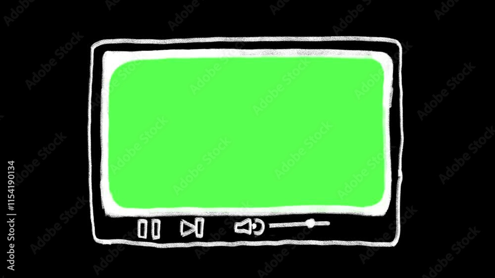 Hand drawn chalk Doodle video player frame set green screen loop. Wiggly rectangular and square video frame overlay on alpha and green screen background