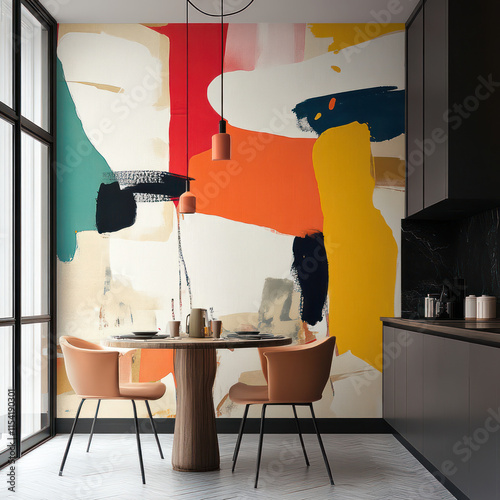 vibrant abstract mural decorates modern kitchen wall, featuring bold colors like red, orange, and yellow. stylish dining area includes round table and chic chairs, creating lively atmosphere photo