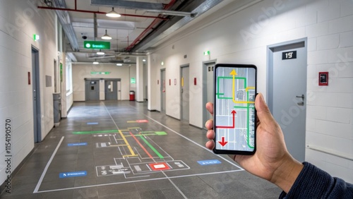 Engineer is holding a smartphone displaying an augmented reality evacuation route superimposed on the floor of an industrial building, enhancing safety and preparedness