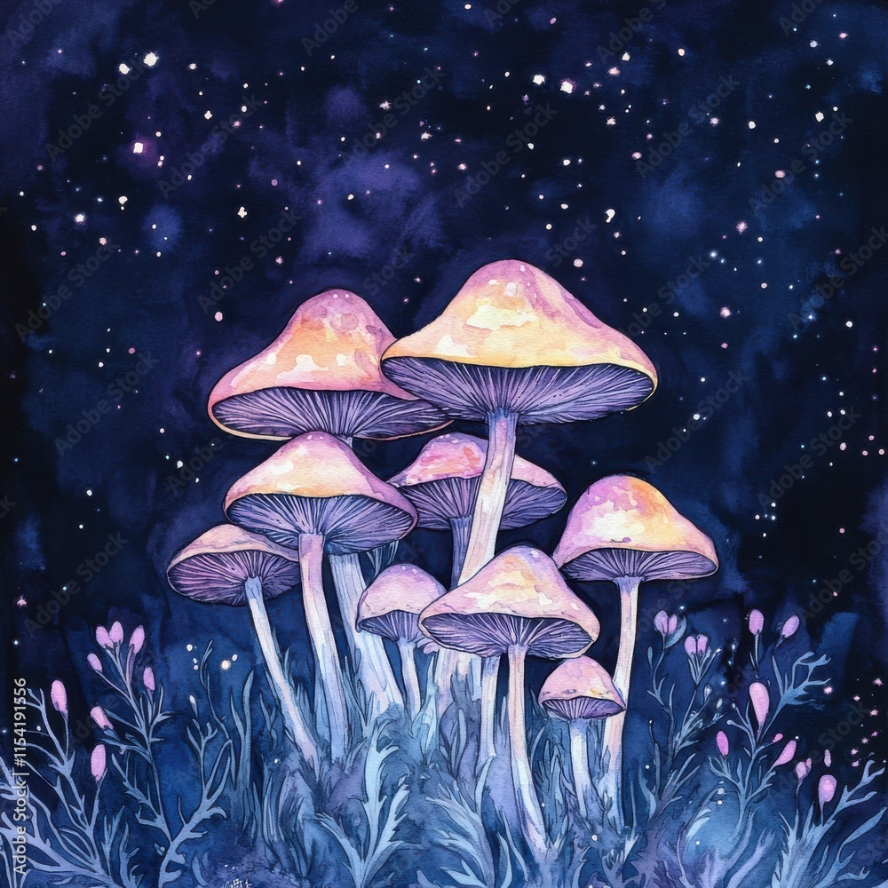 Fototapeta premium Mushrooms watercolor illustration of fungi in various shapes and colors. Represents wonder, growth, and the diversity of nature.