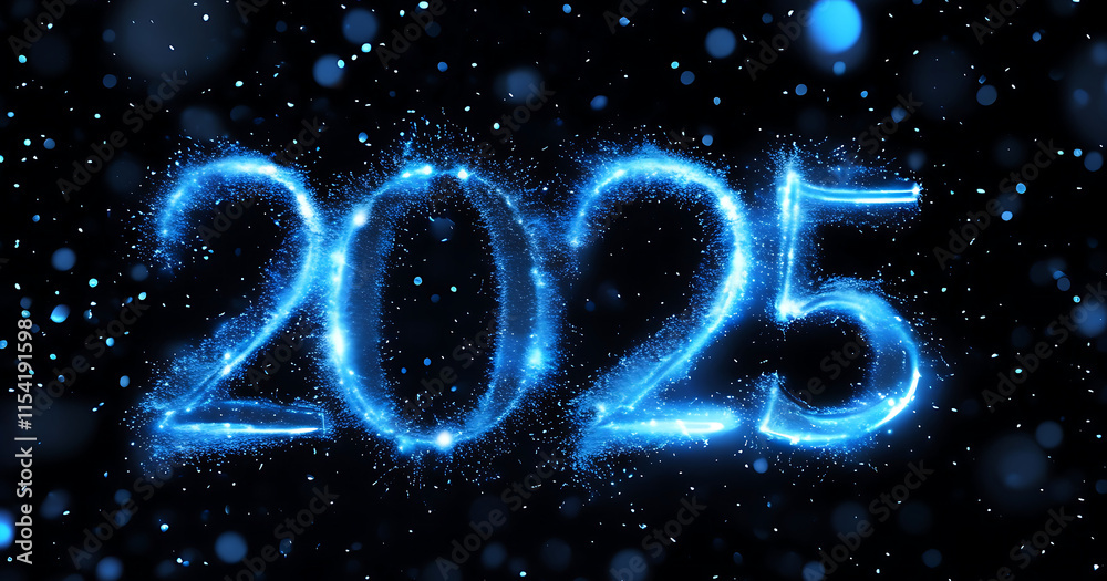 black background. shape a 2025 blue glowing light black background. shape a 2025 blue glowing light