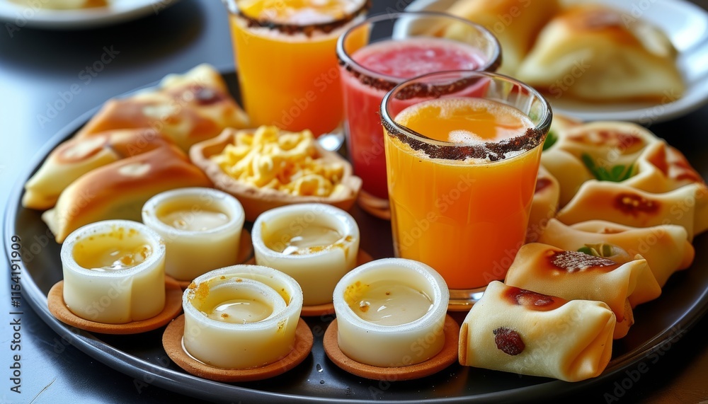 Fresh Cashew Juice and Snack Set with Colorful Treats and Creamy Desserts on a Platter Fresh Cashew Juice and Snack Set with Colorful Treats and Creamy Desserts on a Platter