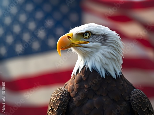 Bald Eagle with American Flag in Blurred Background Representing Patriotism