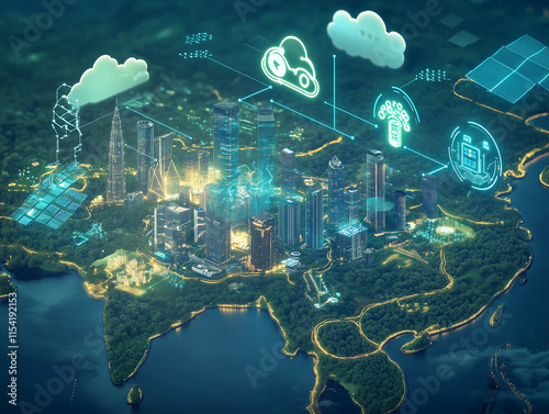 A stylized map of the Asia-Pacific region showing major countries like Malaysia, India, Singapore, and Japan, with growing data centers. power plants, and solar panels appear around the map.