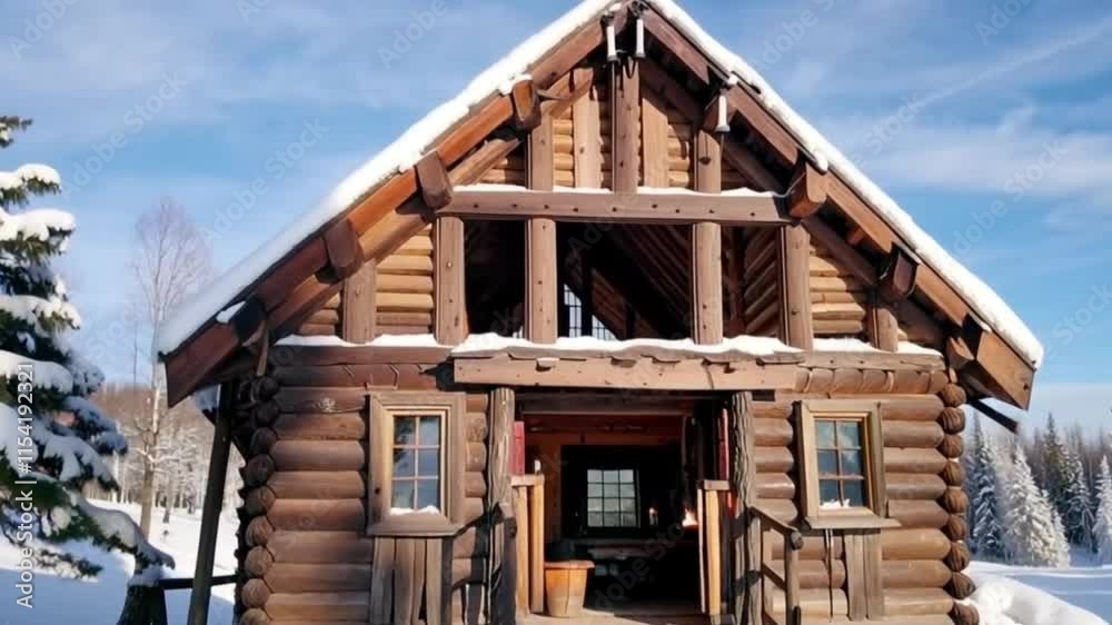 Rustic A-frame Scandinavian cabin with natural wood beams, a stone fireplace, and snow-covered surroundings. Rustic A-frame Scandinavian cabin with natural wood beams, a stone fireplace, and snow-covered surroundings.