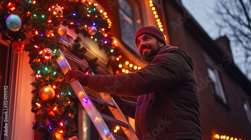 A man on a ladder is putting up Christmas lights on the eaves of a house. Festive holiday decoration generative AI