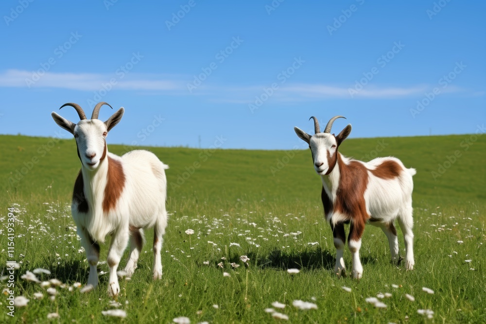 goats standing in a field of grass with white flowers goats standing in a field of grass with white flowers