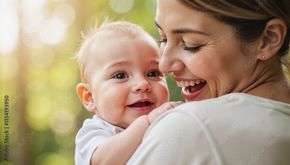 Laughing mother and baby sharing a joyful moment outdoors in soft sunlight Laughing mother and baby sharing a joyful moment outdoors in soft sunlight