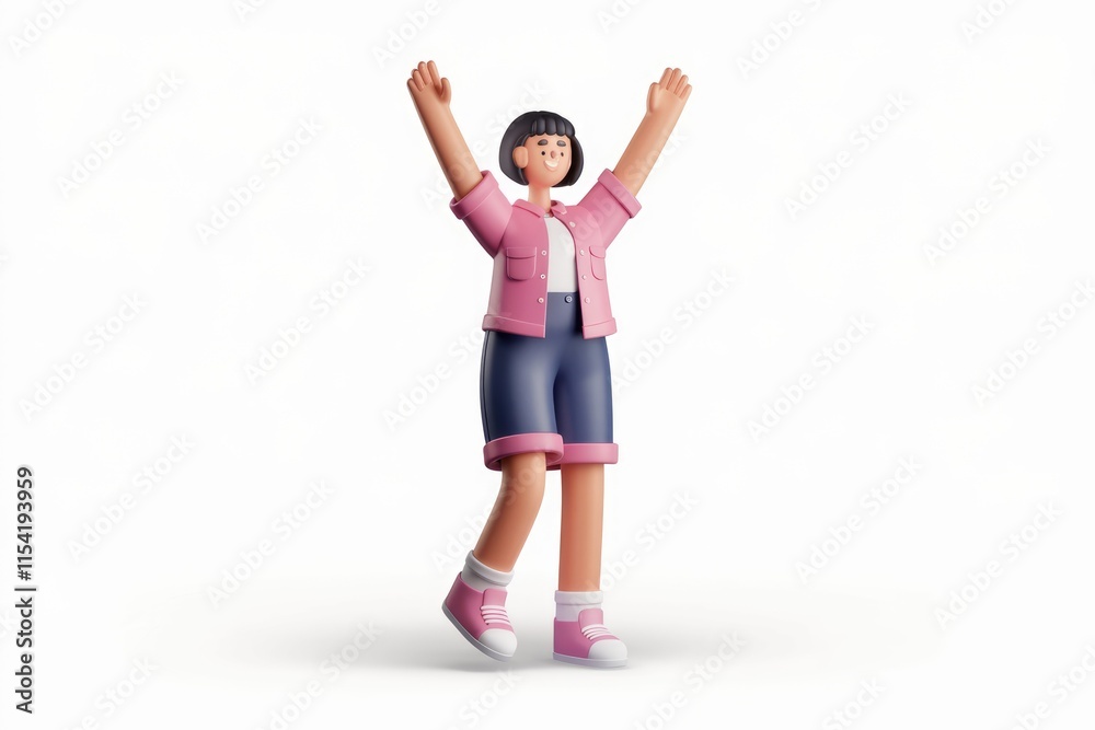 Joyful 3D cartoon girl celebrating with arms raised high, expressing happiness and excitement. Joyful 3D cartoon girl celebrating with arms raised high, expressing happiness and excitement.