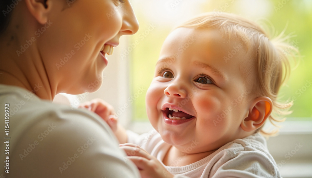 Joyful mother and baby sharing bright smiles indoors with soft natural light Joyful mother and baby sharing bright smiles indoors with soft natural light