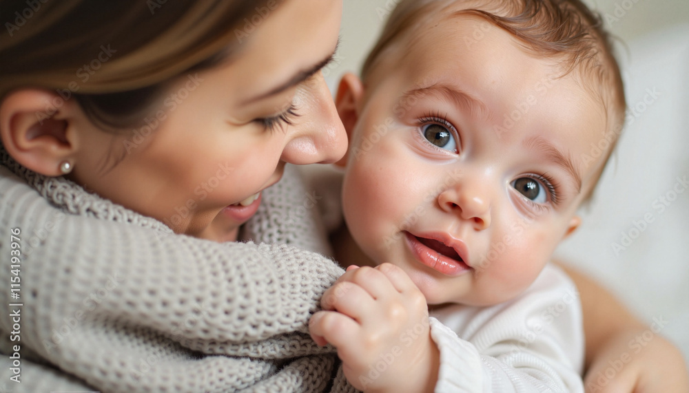 Mother cuddling her baby close with warm smile indoors Mother cuddling her baby close with warm smile indoors