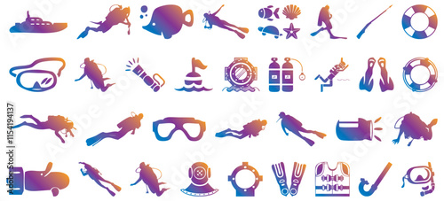 Diver and equipment icon set