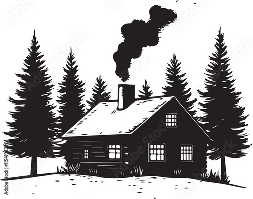 Winter Log Cabin in Forest Stylized Silhouette Vector Illustration Graphic