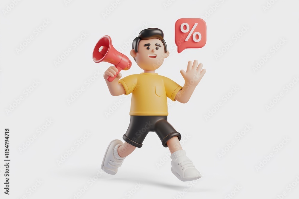 3D cartoon character announces a sale with a megaphone and a percentage sign. 3D cartoon character announces a sale with a megaphone and a percentage sign.