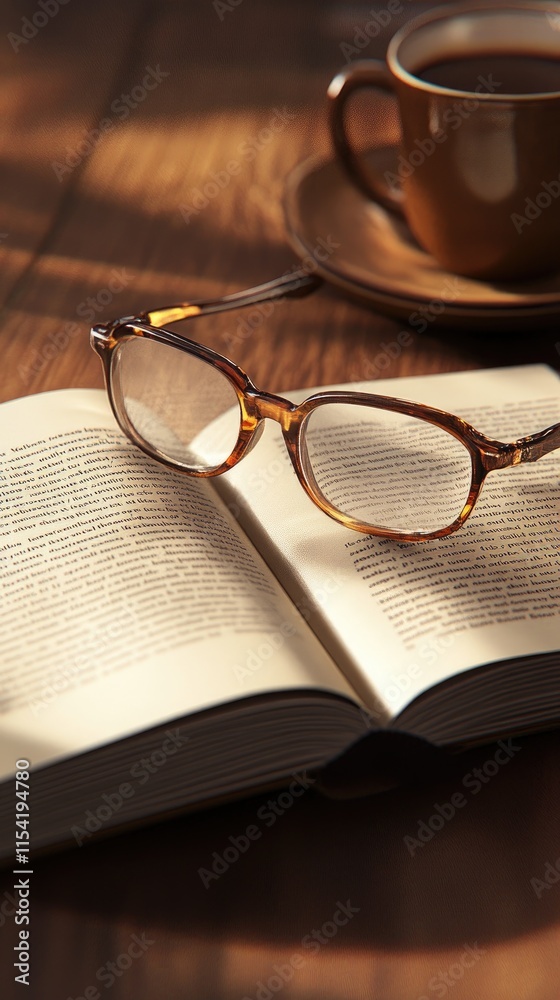 Cozy Reading: Open Book with Glasses and Coffee on Wooden Table Cozy Reading: Open Book with Glasses and Coffee on Wooden Table