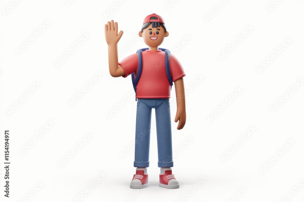 A cheerful 3D cartoon boy with a backpack waves hello. A cheerful 3D cartoon boy with a backpack waves hello.