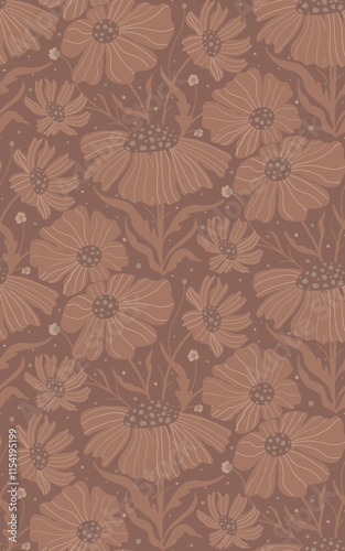 Hand drawn, seamless floral pattern in mocha mousse color for fabric, wallpaper, surface etc