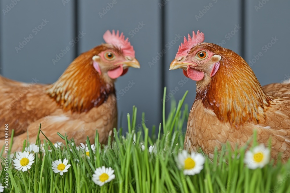 Fototapeta premium Two Chickens in a Garden with Daisies
