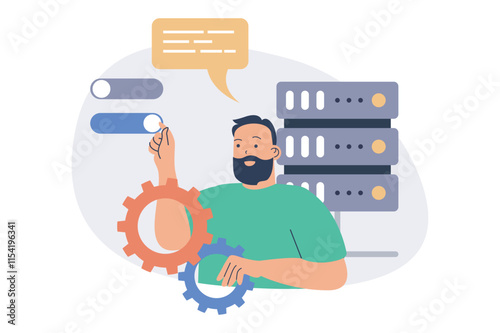 System administrator web concept with flat cartoon people for website design. Man monitoring server racks infrastructure, checks problems, doing maintenance and technical repair. Vector illustration.