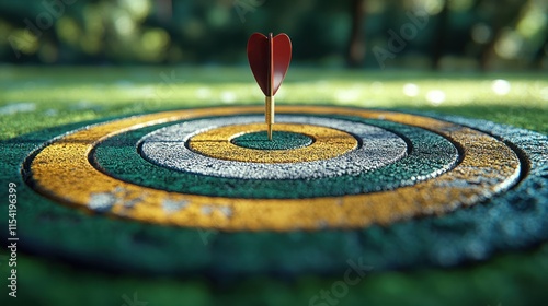 A red dart precisely lodged in the bullseye of a weathered target, set against a blurred natural background. photo